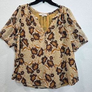 Loft Floral Print Puff  Womens Sleeve Henley Blouse Size XL.